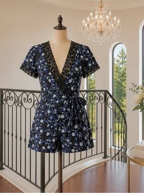 Sandro Floral Wrap Romper with Lace Trim